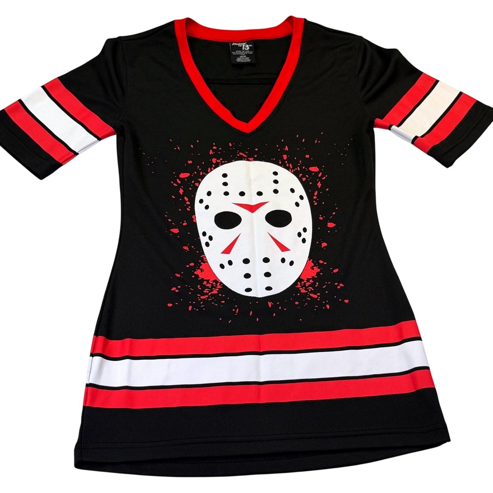 Friday the 13th Jason Voorhees Hockey Jersey Dress Black Red White XS 1103A3